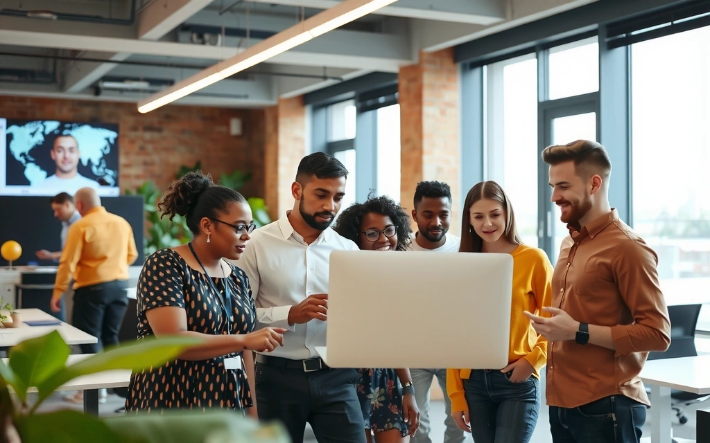 Diverse team collaborating in a modern tech office with dynamic energy