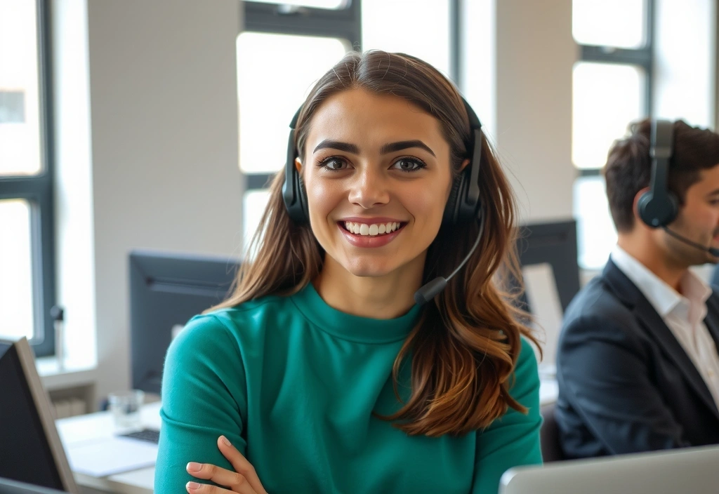 Smiling customer service representative wearing a headset