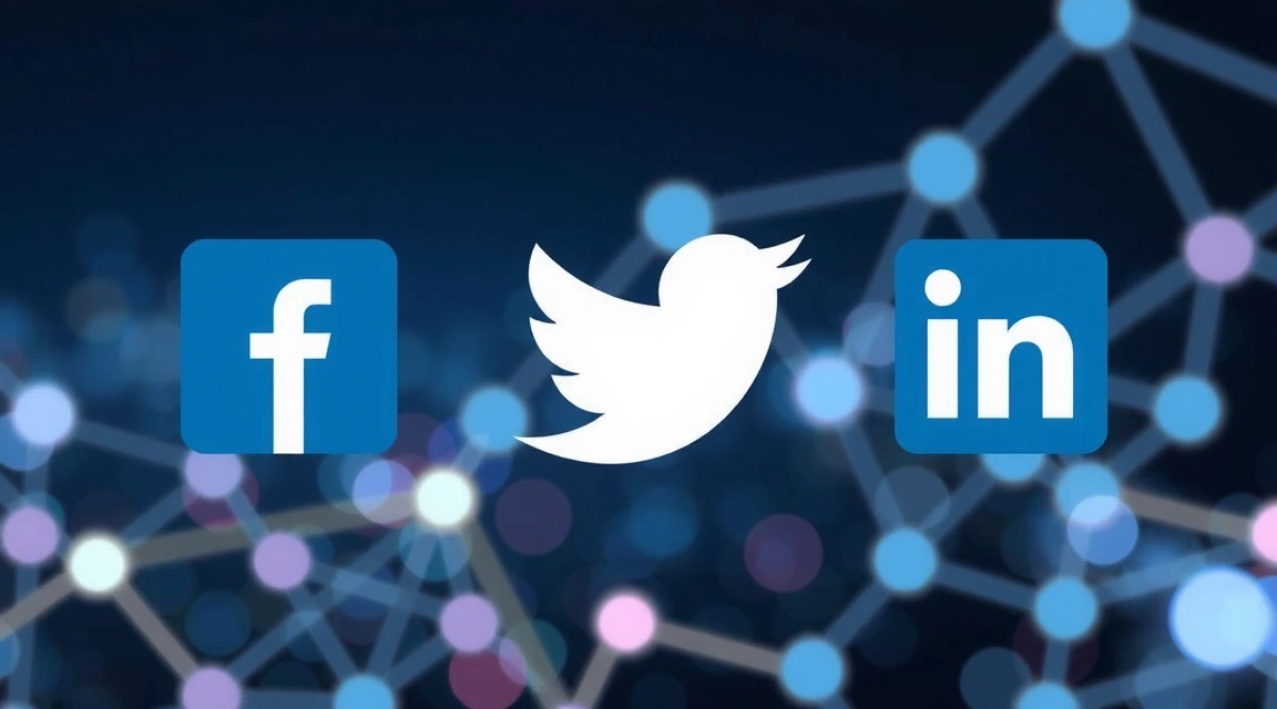 Social media icons floating over a digital network background