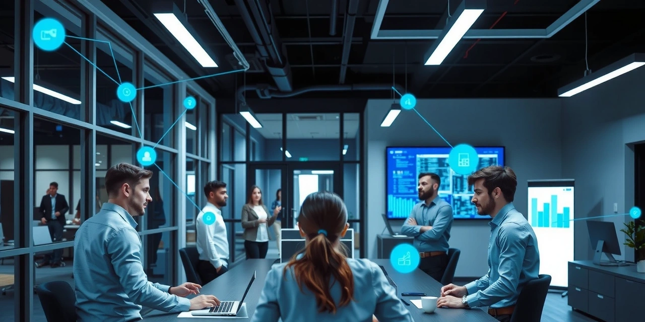 Modern office environment with team collaborating, digital overlay of network