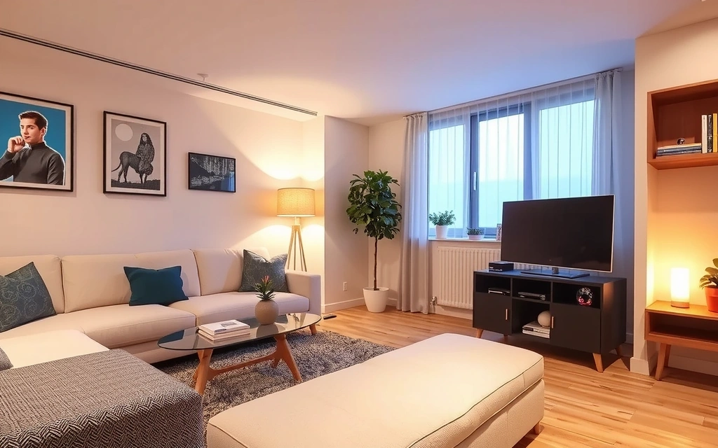 Cozy living room with smart home devices, subtle network glow