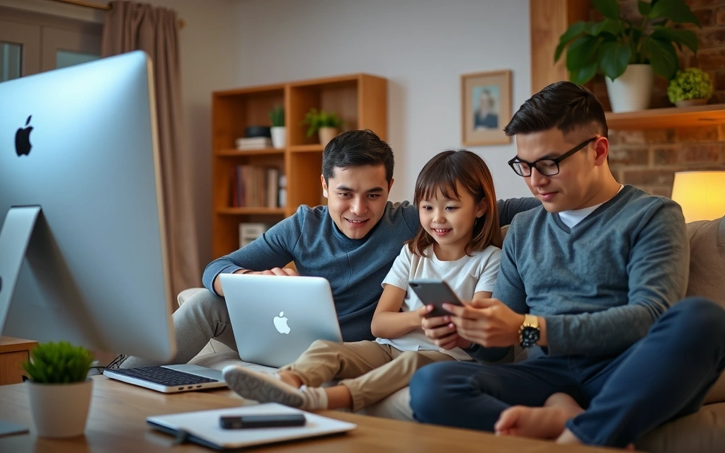Family enjoying ADSL internet on various devices