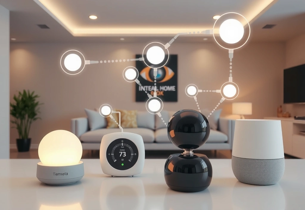 Smart home hub with connected devices like lights, thermostat, and security camera