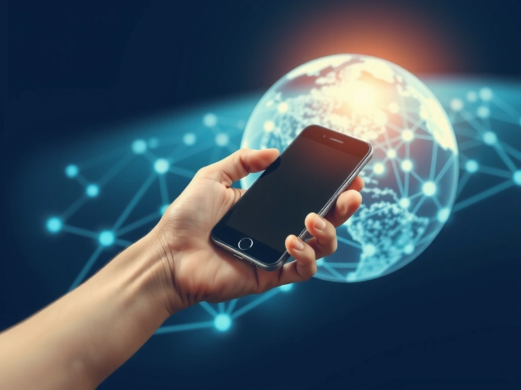 Person holding a smartphone against a digital globe background, connections radiating