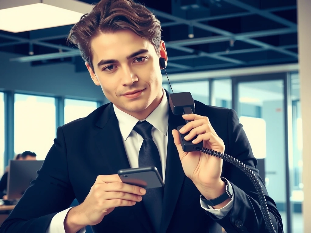 Business person using VoIP phone