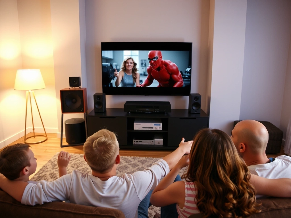Family watching TV in living room
