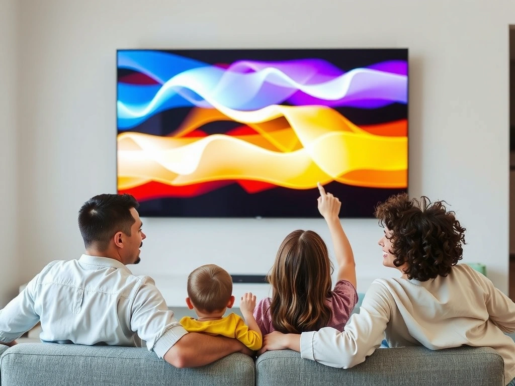 Family watching TV, vibrant colors, motion graphics on screen