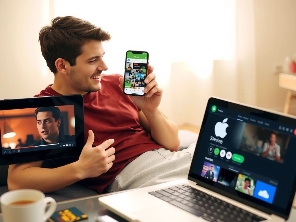 Person streaming on multiple devices: tablet, smartphone, laptop