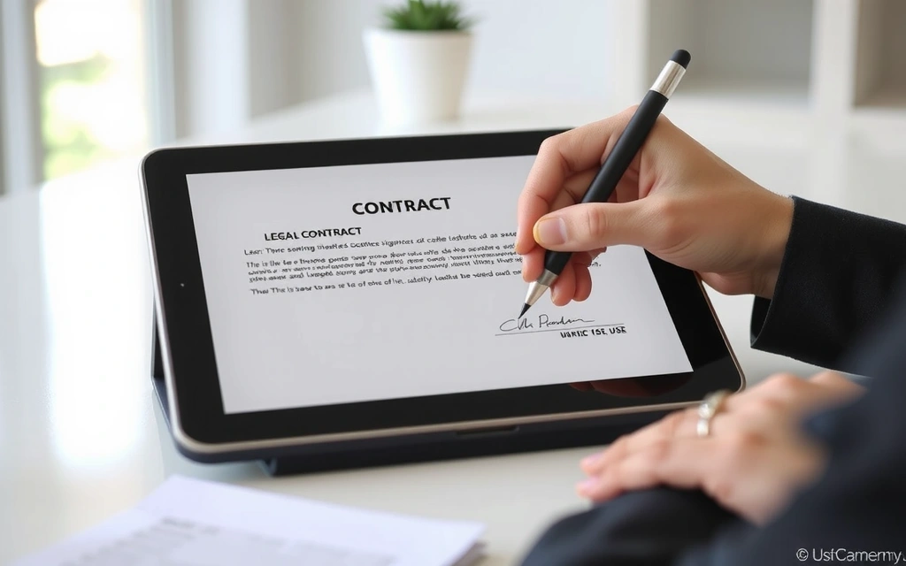 Digital contract signing with a stylus on a tablet