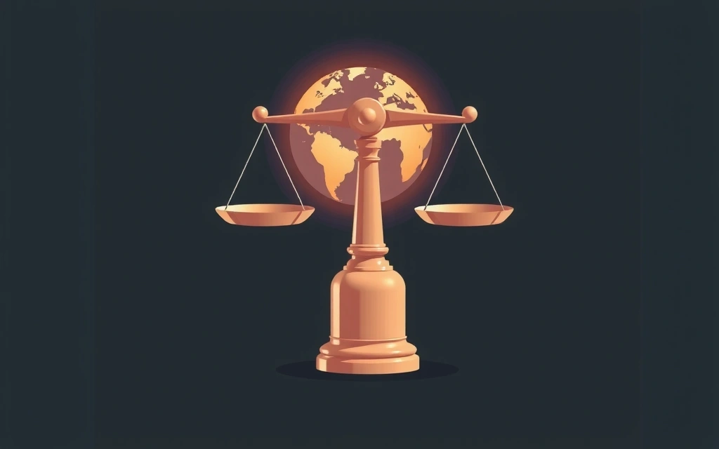 Scales of justice with a digital globe in the background, representing international law and jurisdiction