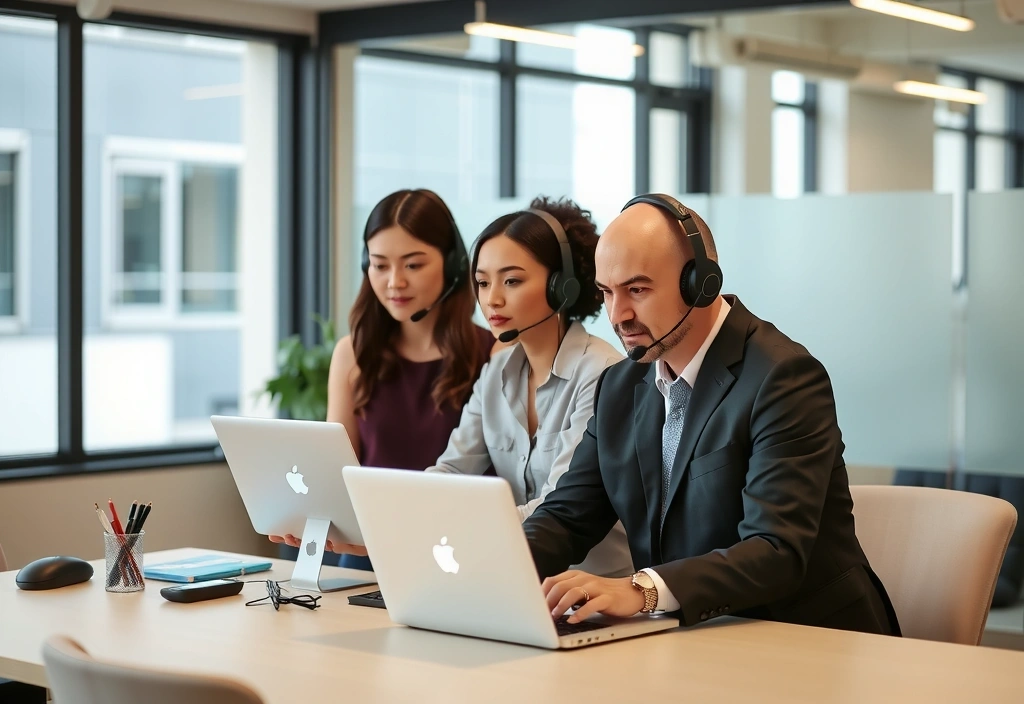 A diverse business team collaborating in a modern office, using headsets and laptops, representing efficient communication and productivity, no text, no letters.