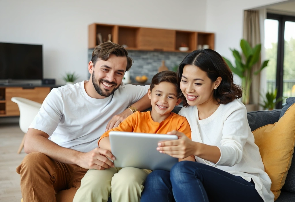 A family happily video calling on a tablet, showcasing clear communication and ease of use, modern home interior, no text, no letters.